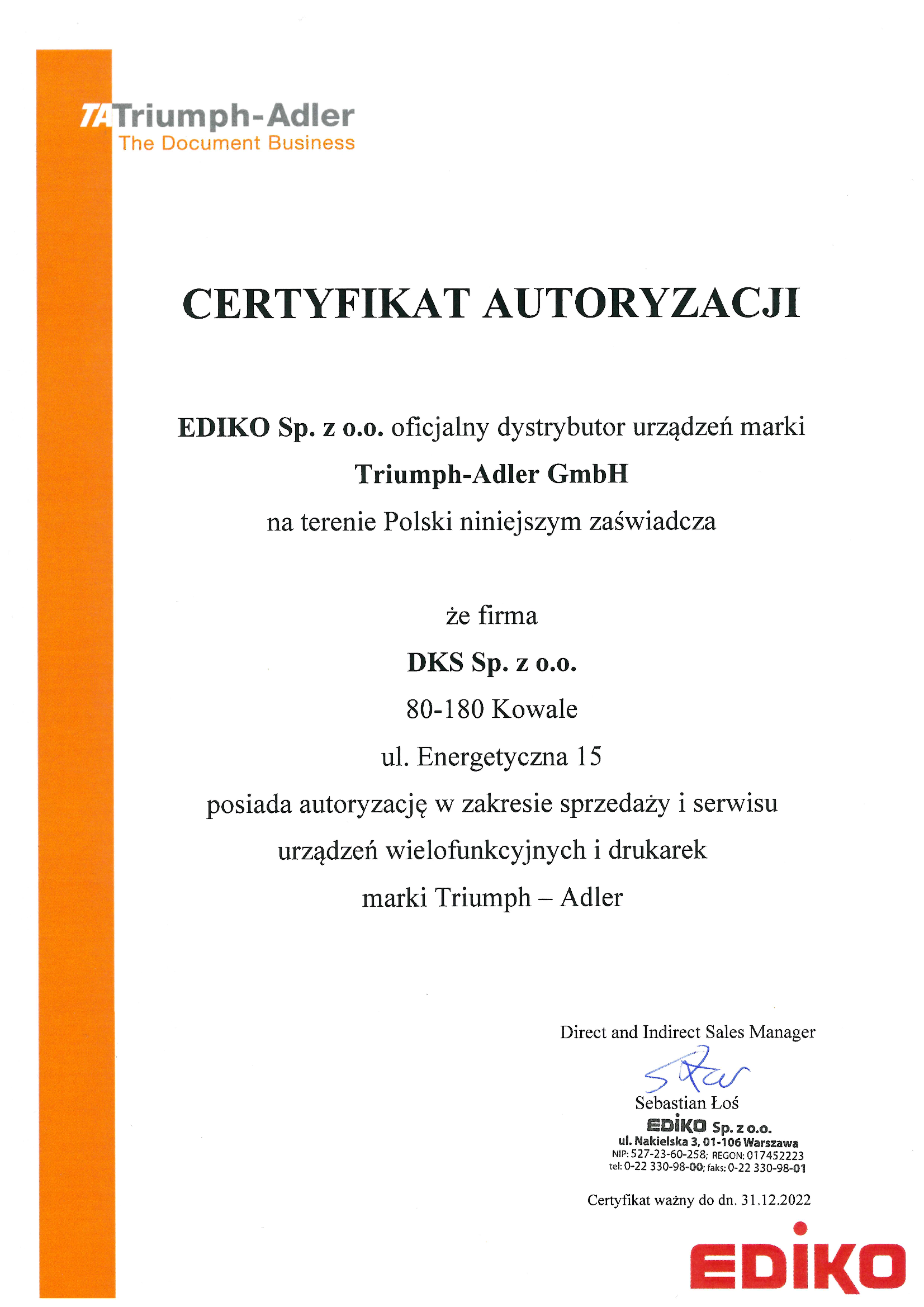 Triumph Adler Certyfikat